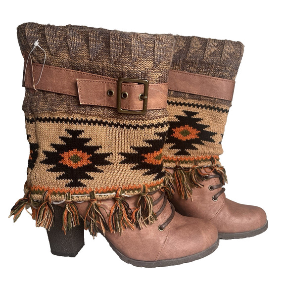 Muk Luks Knit Sweater Boots Aztec Western Fringe Pull On Heeled Women's Size 8 - Picture 1 of 14